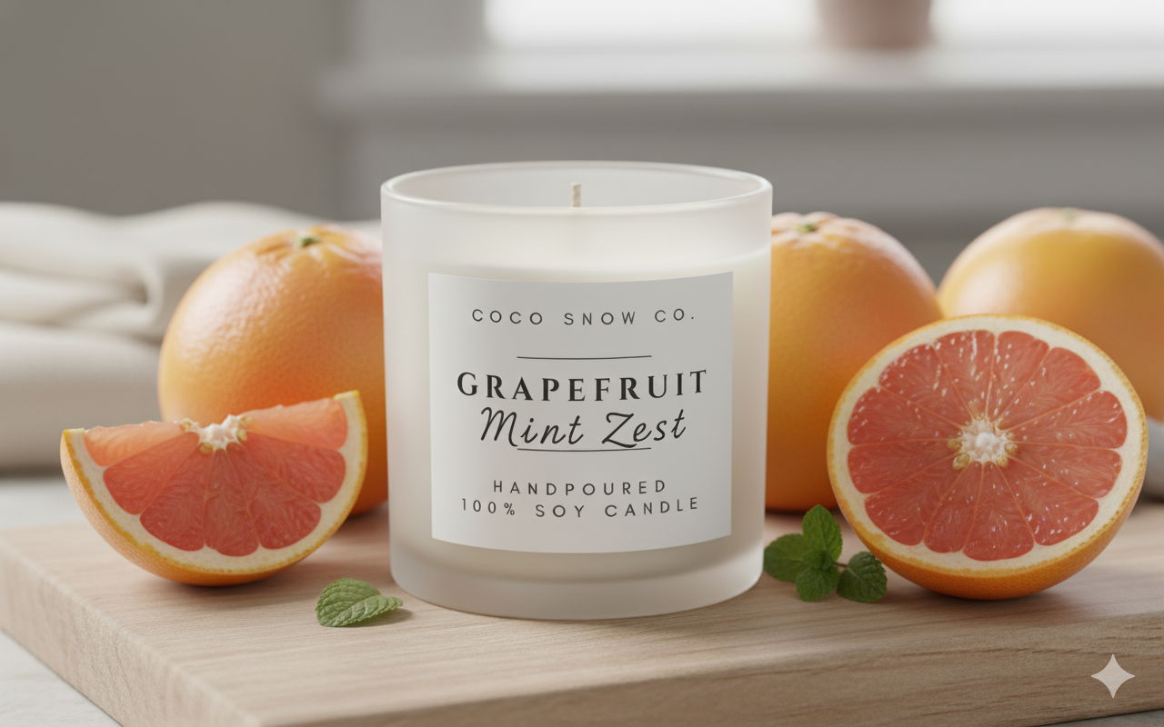 Grapefruit Mint Zest handpoured soy candle surrounded by fresh grapefruit slices on wood board.