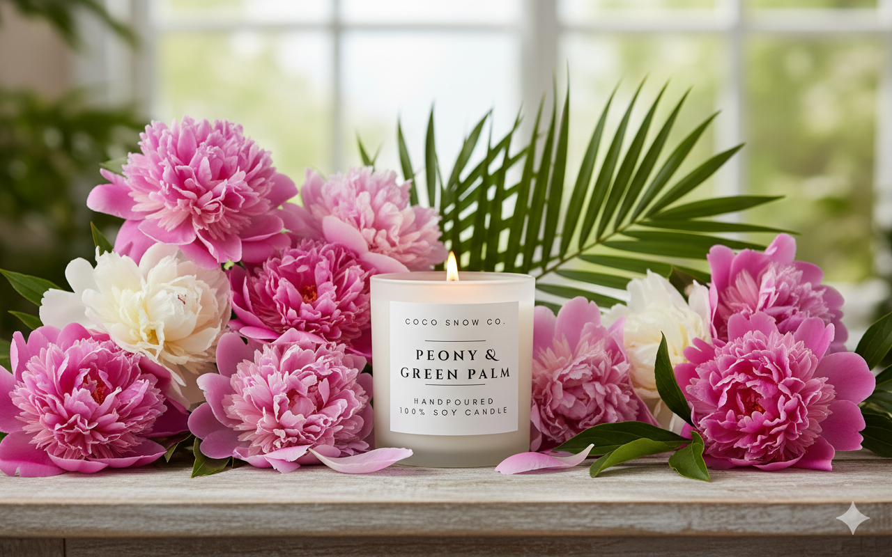 Peony & Green Palm soy candle surrounded by lush pink and white peony flowers.