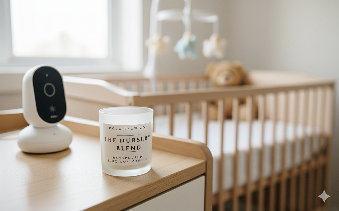 The Nursery Blend soy candle on dresser beside baby monitor and wooden crib.