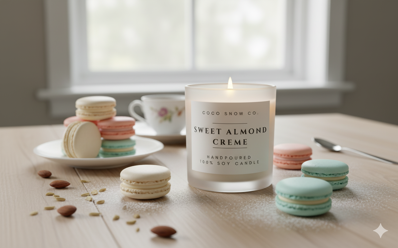 Sweet Almond Creme soy candle displayed with pastel macarons and almonds on a wooden table.