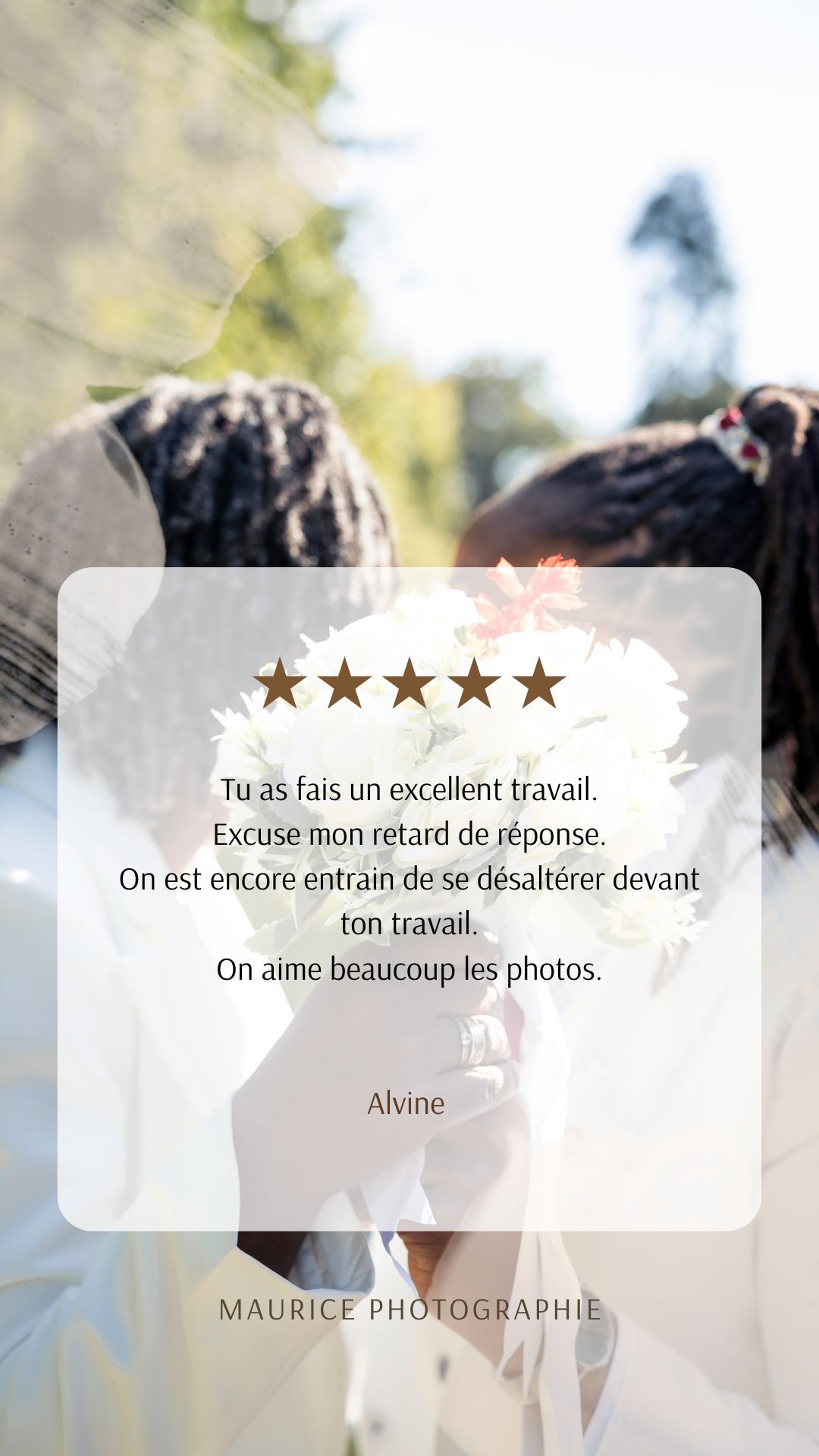 avis client suite prestation photographique, reportage de mariage intimiste et naturelle