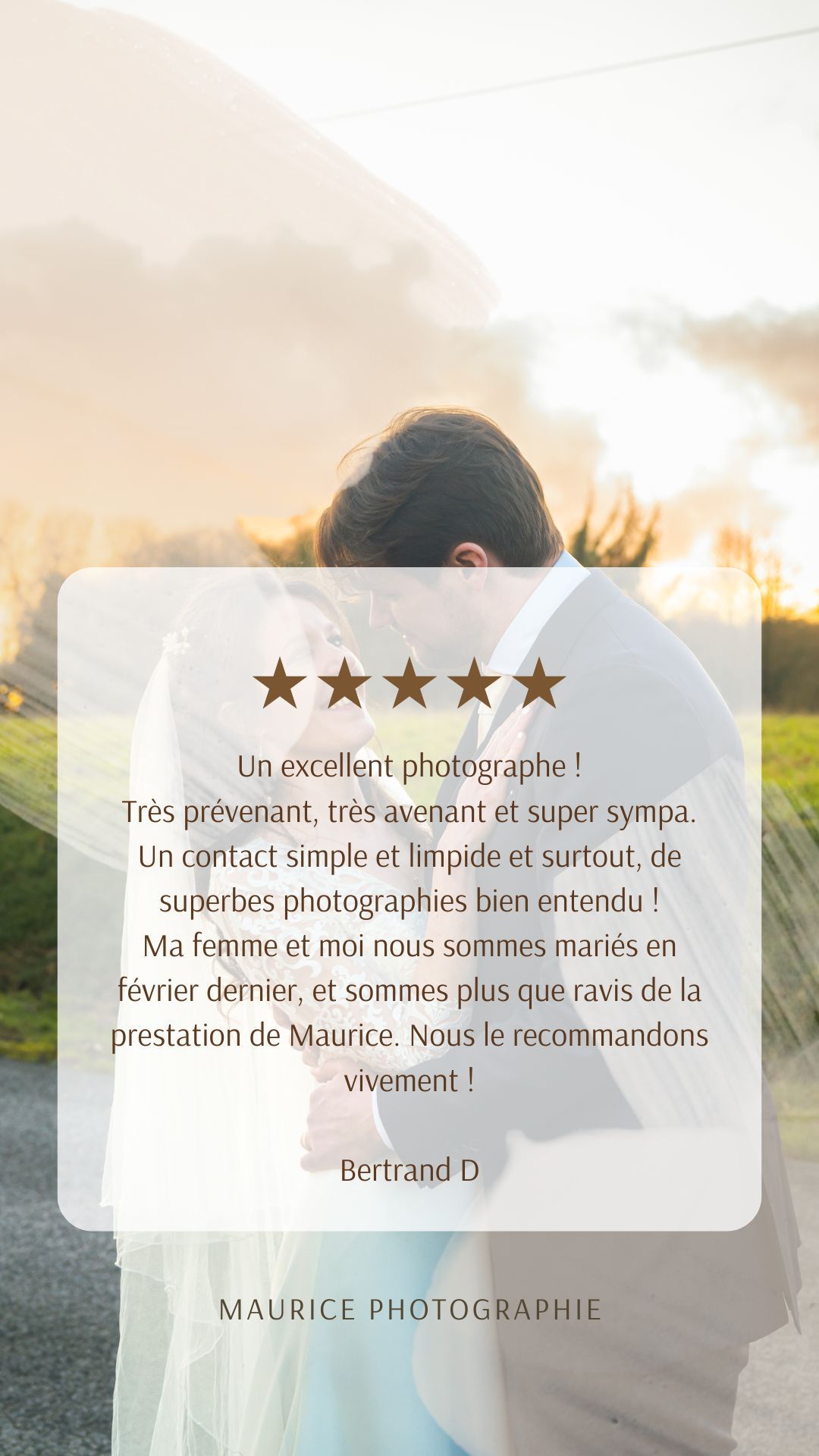 avis client suite prestation photographique, reportage de mariage, satisfait de mes services. Déplacement en Bretagne et France