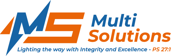 Multi Solutions logo with blue and orange design, tagline Lighting the way with Integrity and Excellence PS 27:1.