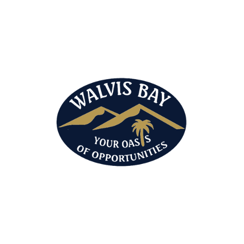 Walvis Bay oval logo featuring gold mountains and palm tree with tagline Your Oasis of Opportunities on navy background.