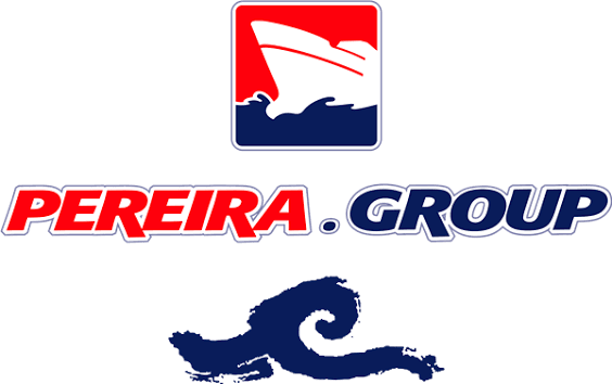 Pereira Group logo featuring a red and blue boat icon, bold red text, and a navy wave graphic.
