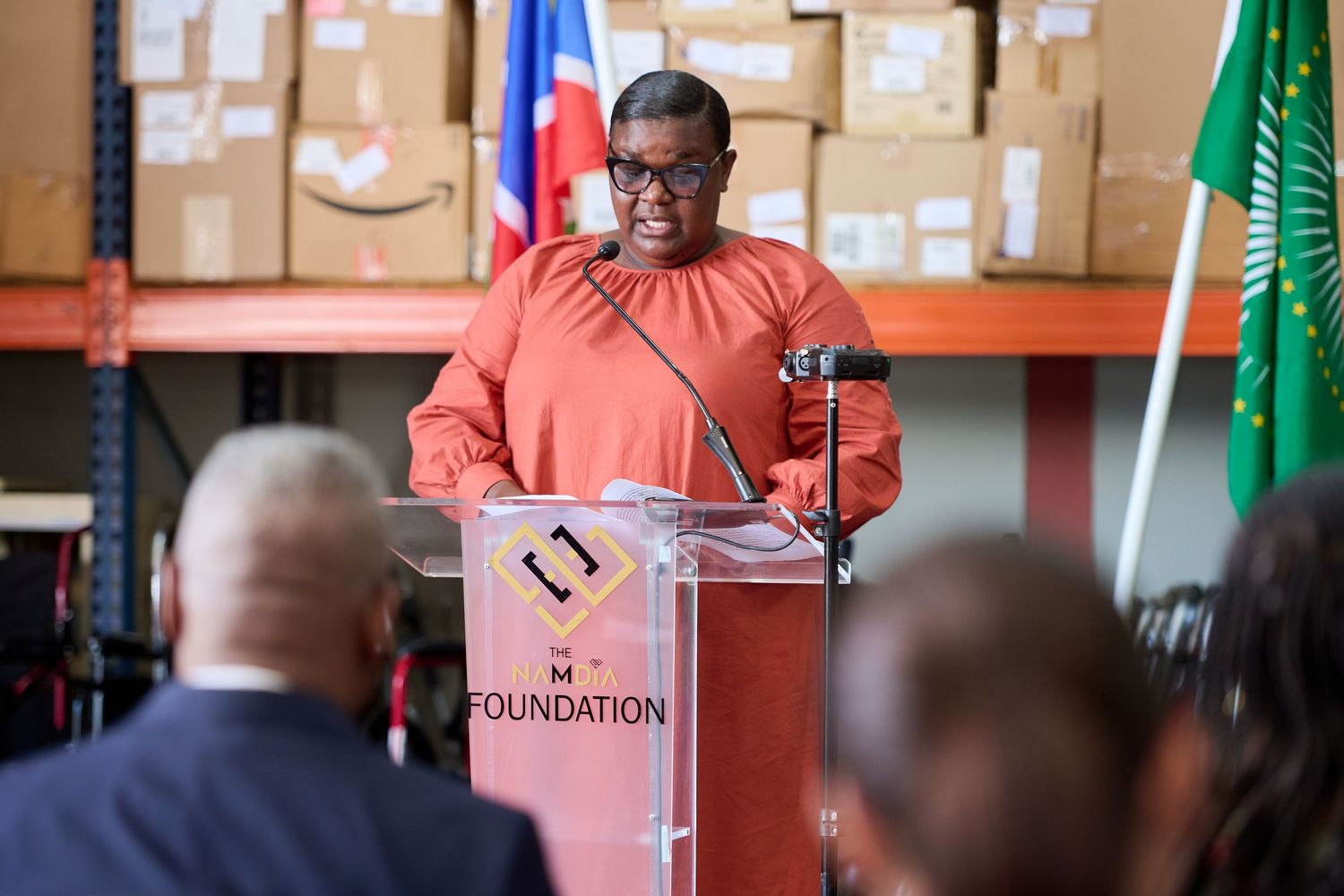 Woman in orange top speaks at NAMDIA Foundation podium with flags in background at formal event.