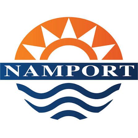 Namport logo featuring an orange sun rising over blue waves with the company name on a navy banner.