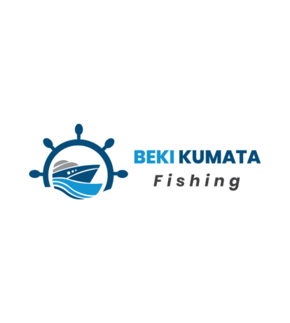 Beki Kumata Fishing company logo featuring a boat helm icon with a cruise ship and ocean waves in blue tones.