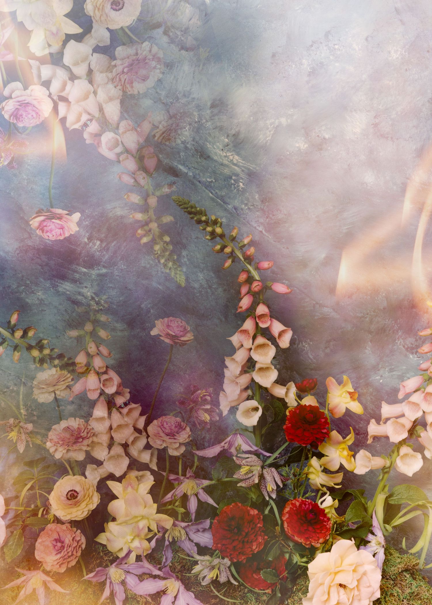 Dreamy floral arrangement with foxglove, roses, and wildflowers in soft pastel hues against a misty, ethereal background.