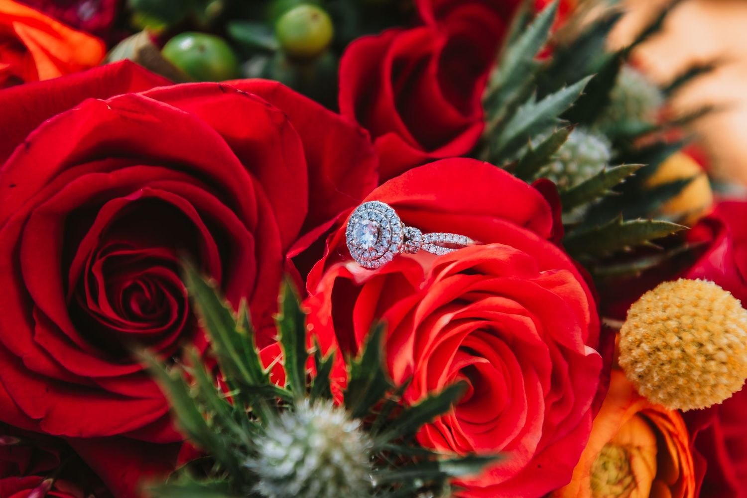 Diamond engagement ring nestled between vibrant red roses and yellow craspedia in a wedding bouquet.