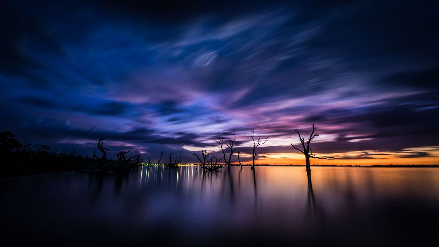 Dramatic sunset silhouettes dead trees in still lake water beneath vibrant purple and orange cloudy sky.