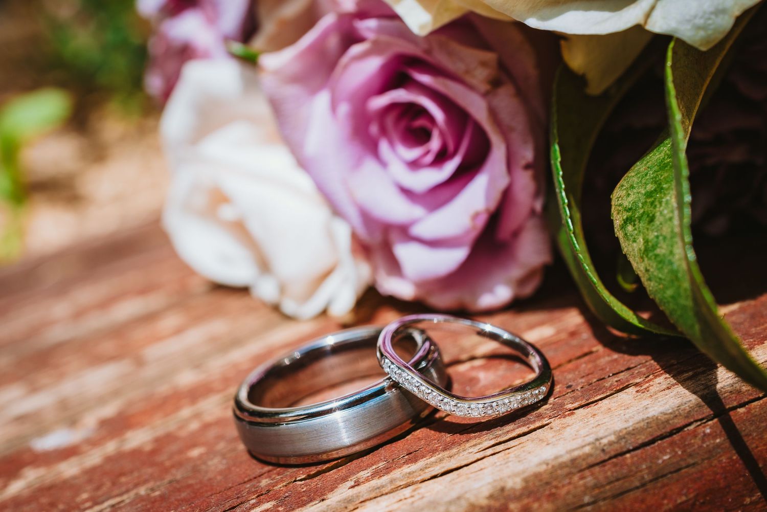Two silver wedding rings rest on a wooden surface beside pink and white roses in soft focus.