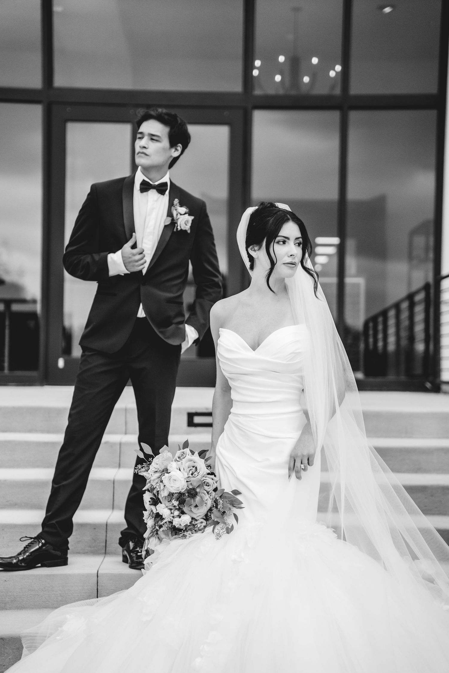 Black and white wedding photo collage showing elegant bride in flowing gown and groom in tuxedo during formal portraits.