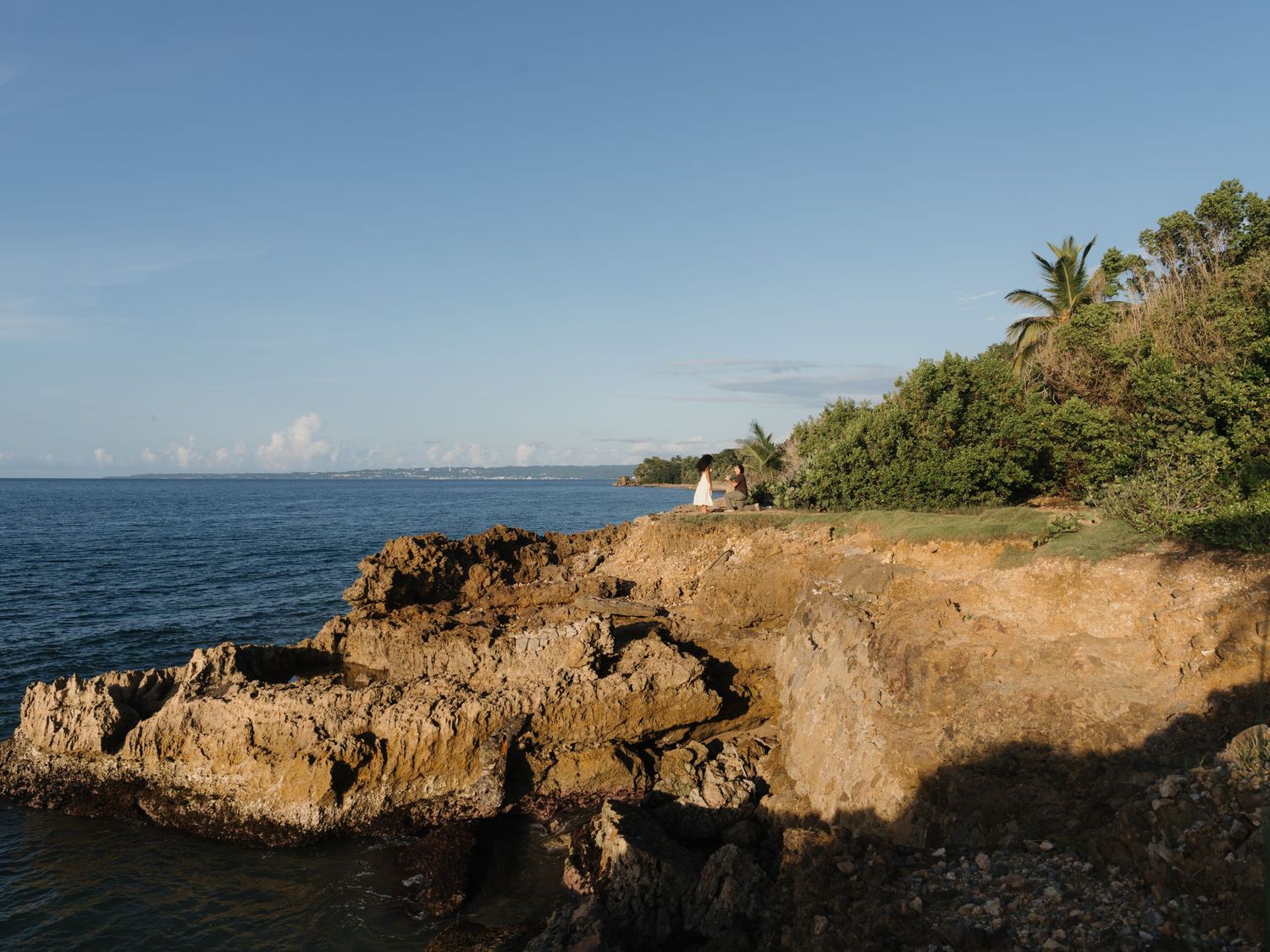 Rocky coastal shoreline with lush tropical vegetation and calm blue ocean waters under a clear sky.