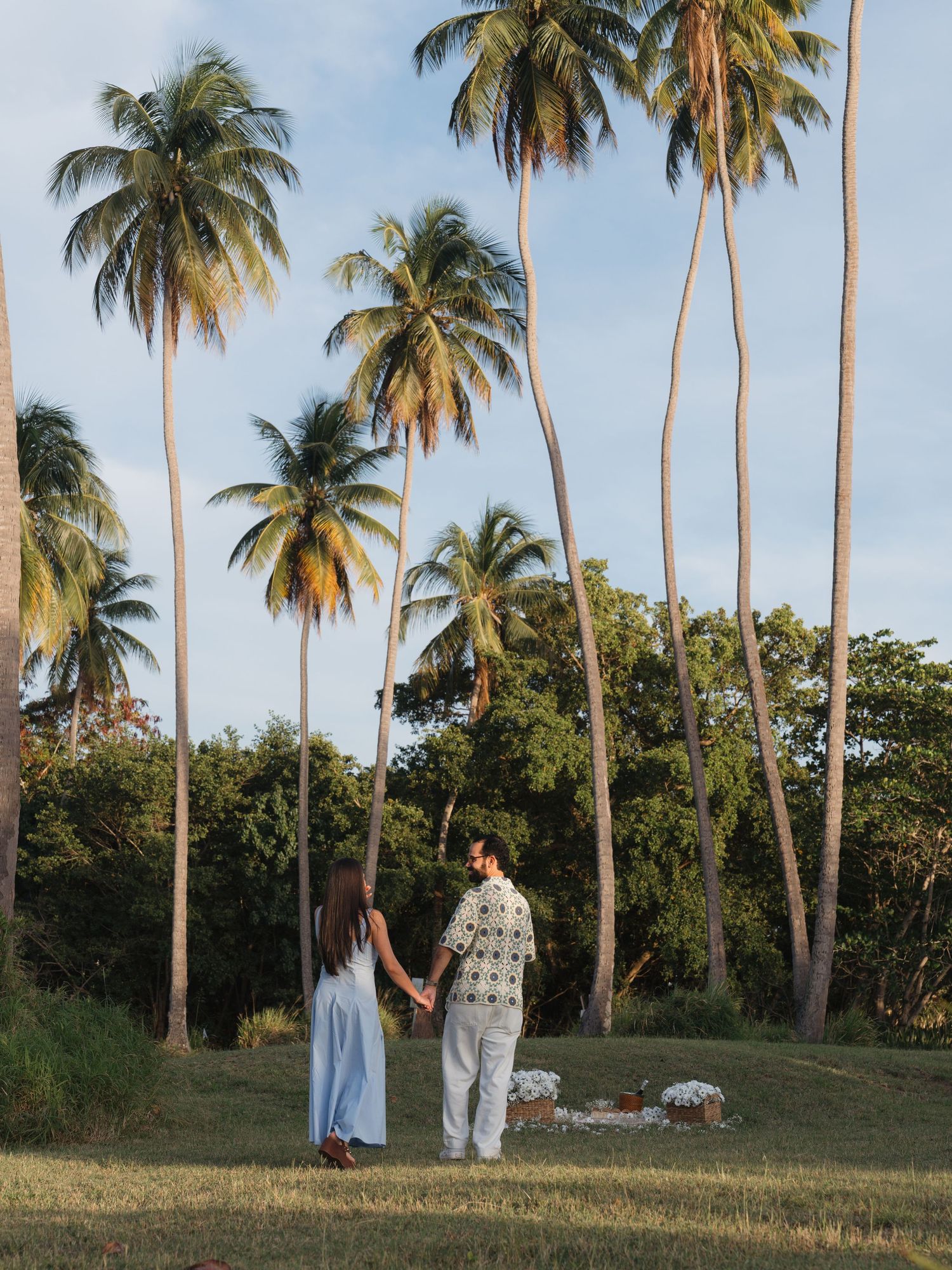 Couple holding hands in a tropical paradise surrounded by tall palm trees on a lush green lawn at golden hour.