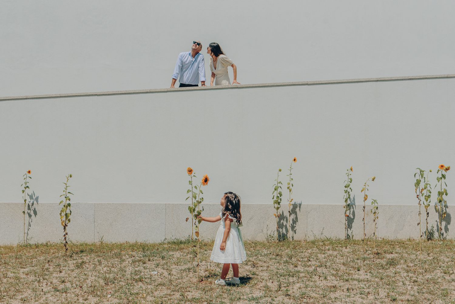 Two people in white outfits walk through a serene field of dried grass and wildflowers on a hazy summer day.