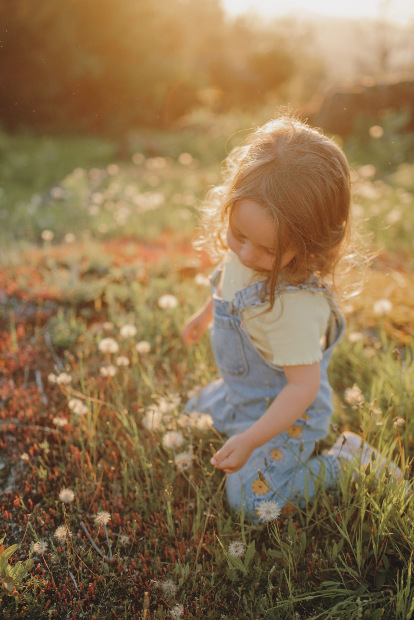 Dancing through tall grass and flowers in denim overalls at golden hour.