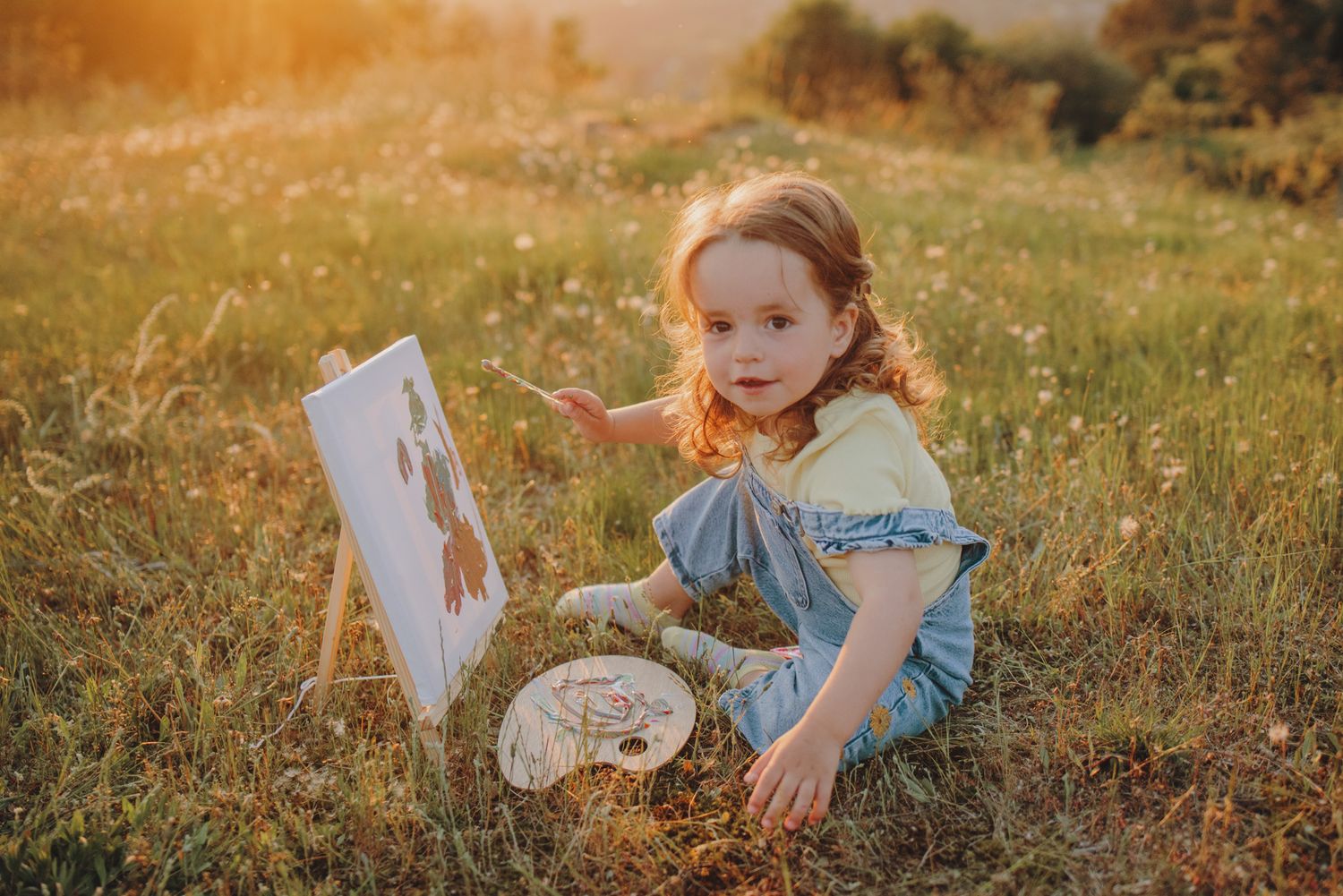 Artistic moment captured as small painter works on canvas during sunset in flowering field.