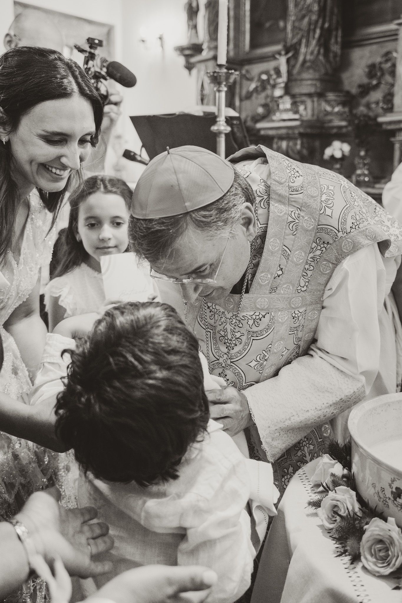 Vintage photographs capturing emotional moments at a religious celebration.