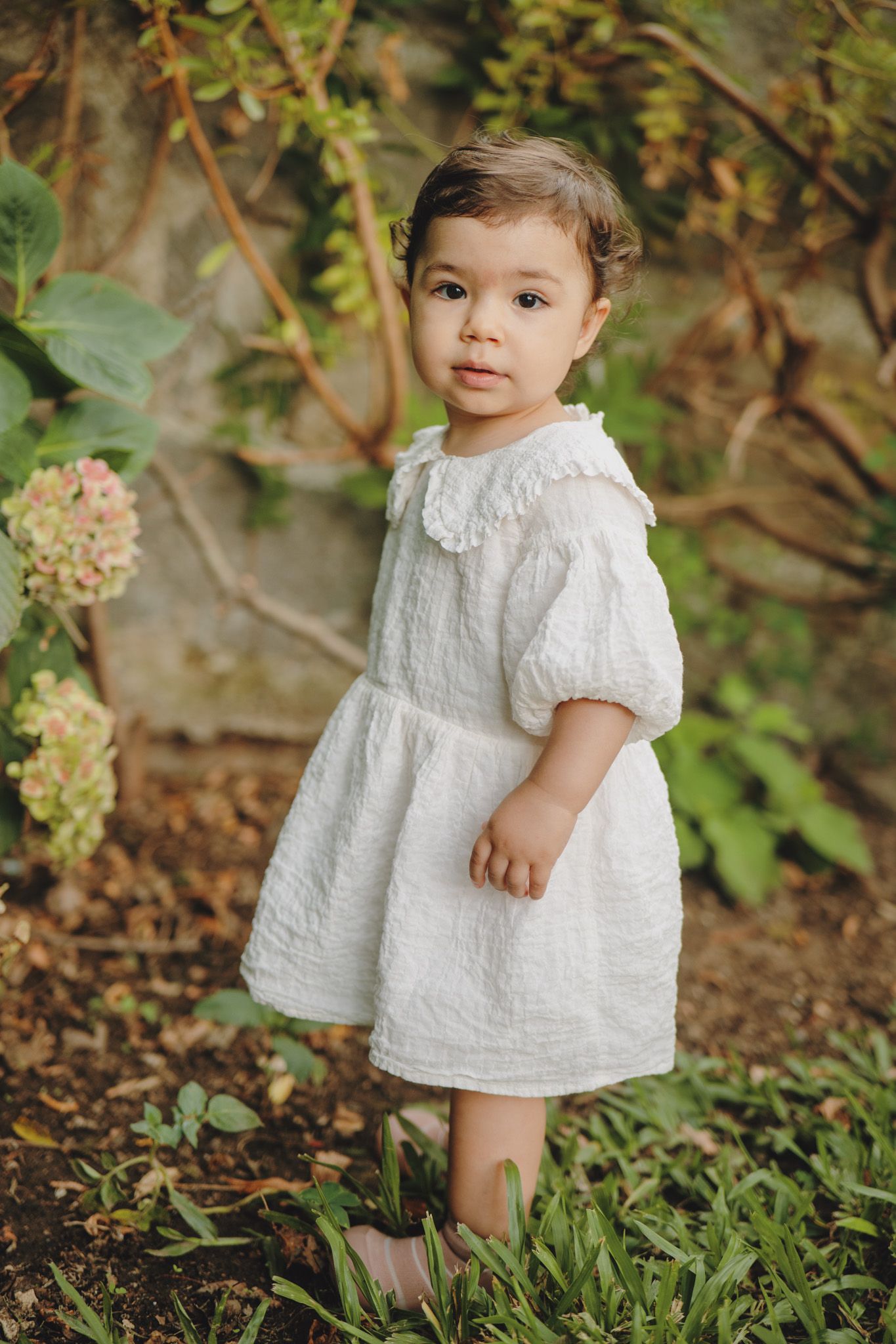 A toddler in a white eyelet dress stands among greenery and flowers in a garden setting.