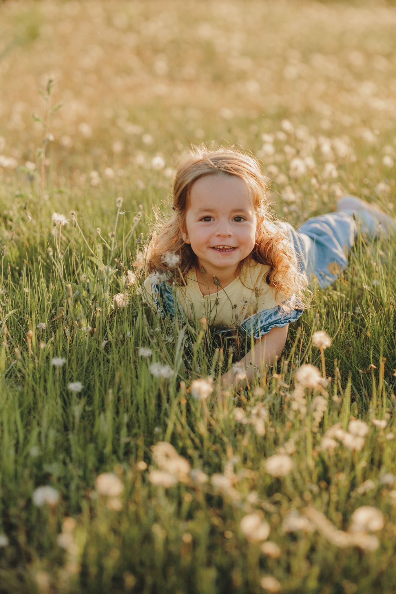 Lying in tall grass and dandelions during golden hour with a bright expression.