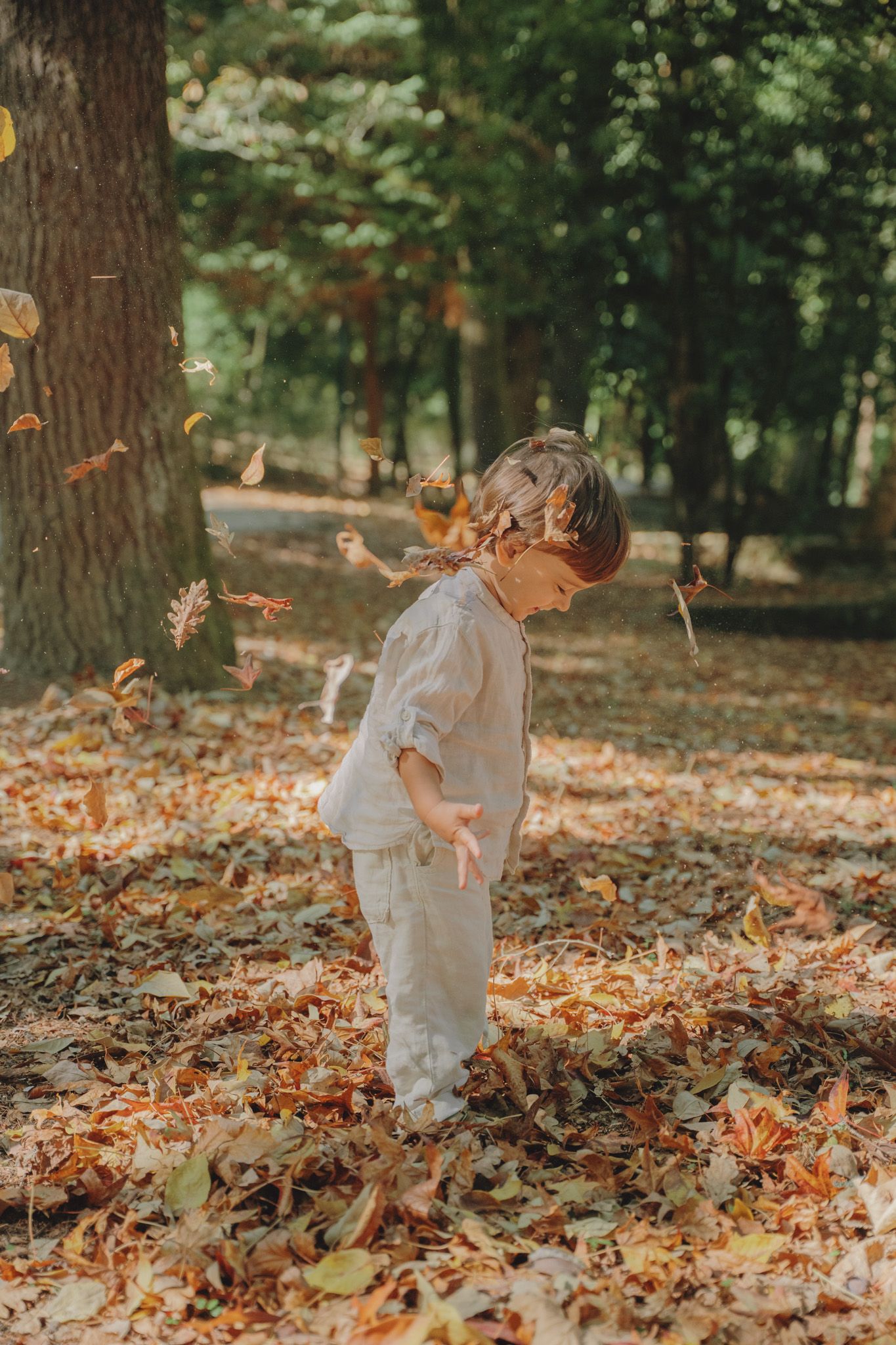Child in white clothing plays with autumn leaves in a wooded park.