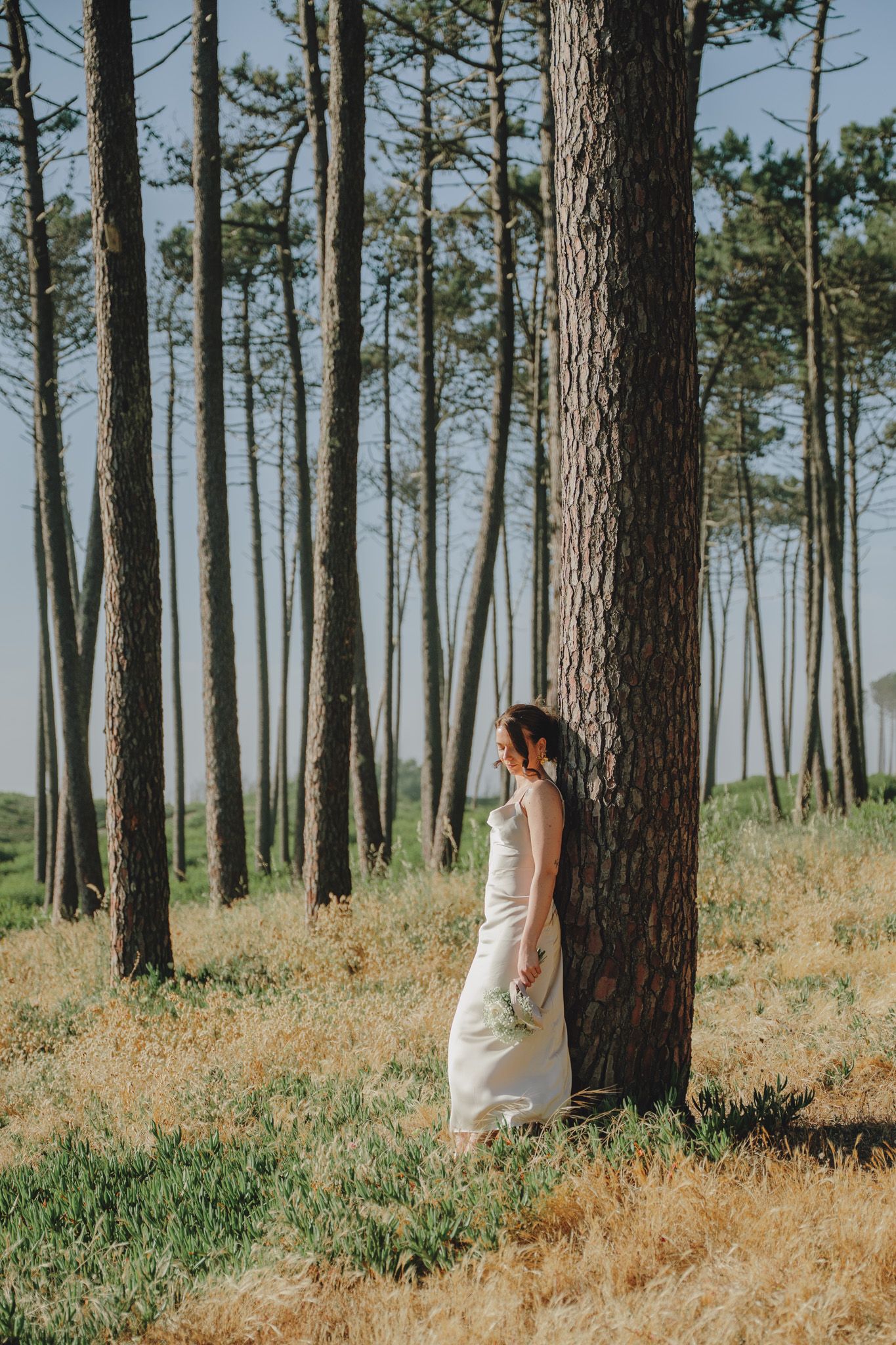 Elegant bride in white dress standing among tall pine trees in natural setting.