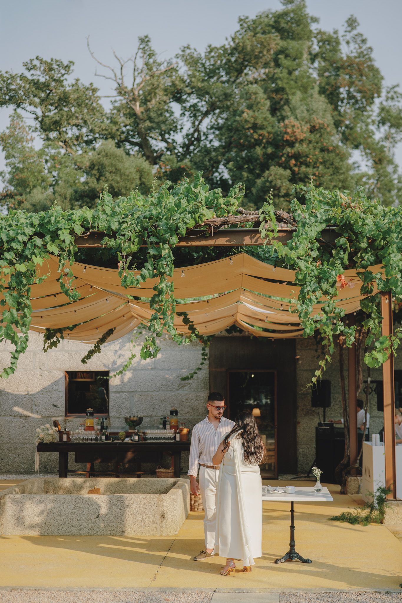 Outdoor venue with wooden pergola and hanging vines creating a natural canopy.
