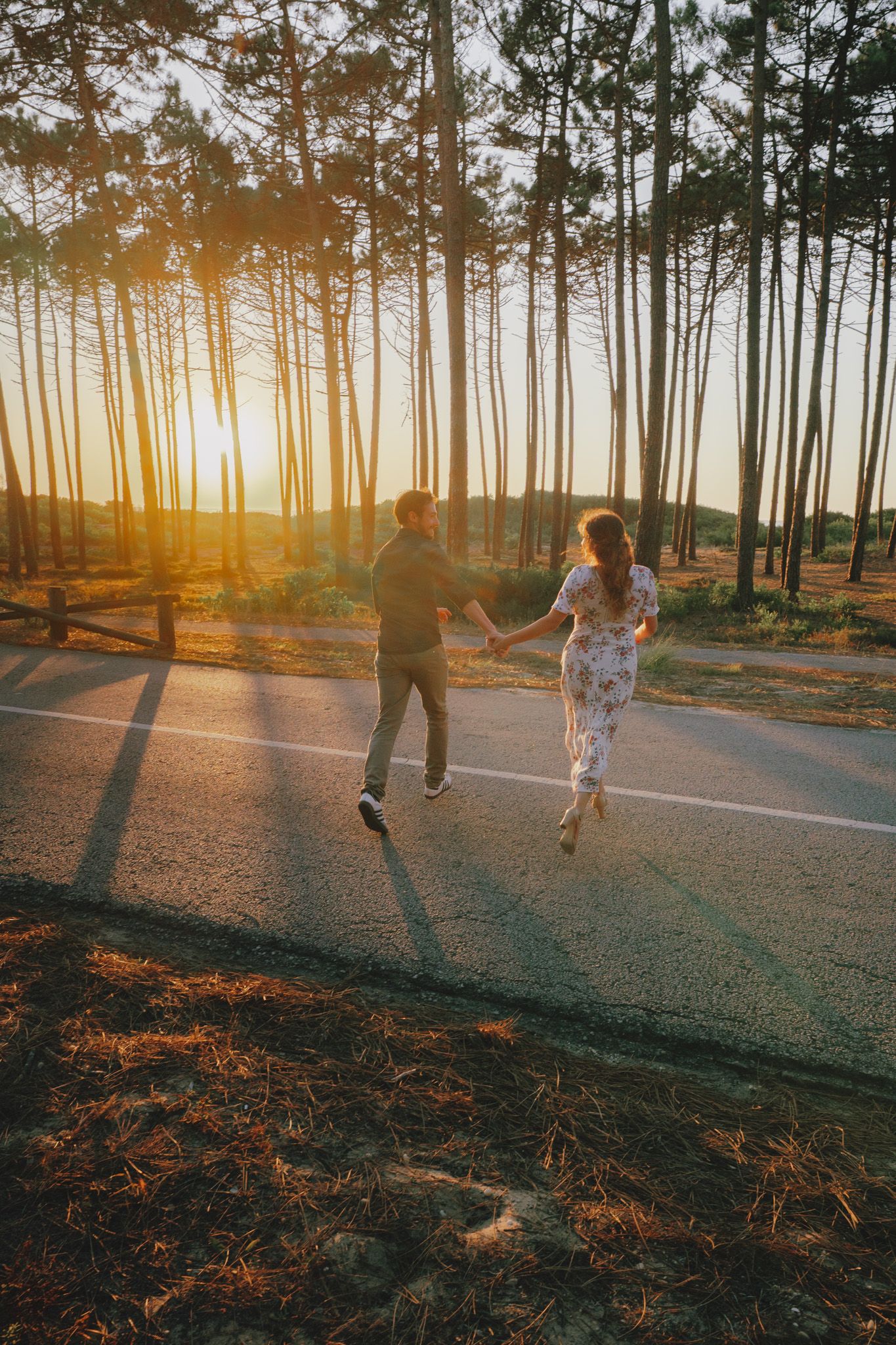 Couple walking together through a pine forest at sunset casting long shadows on the path.