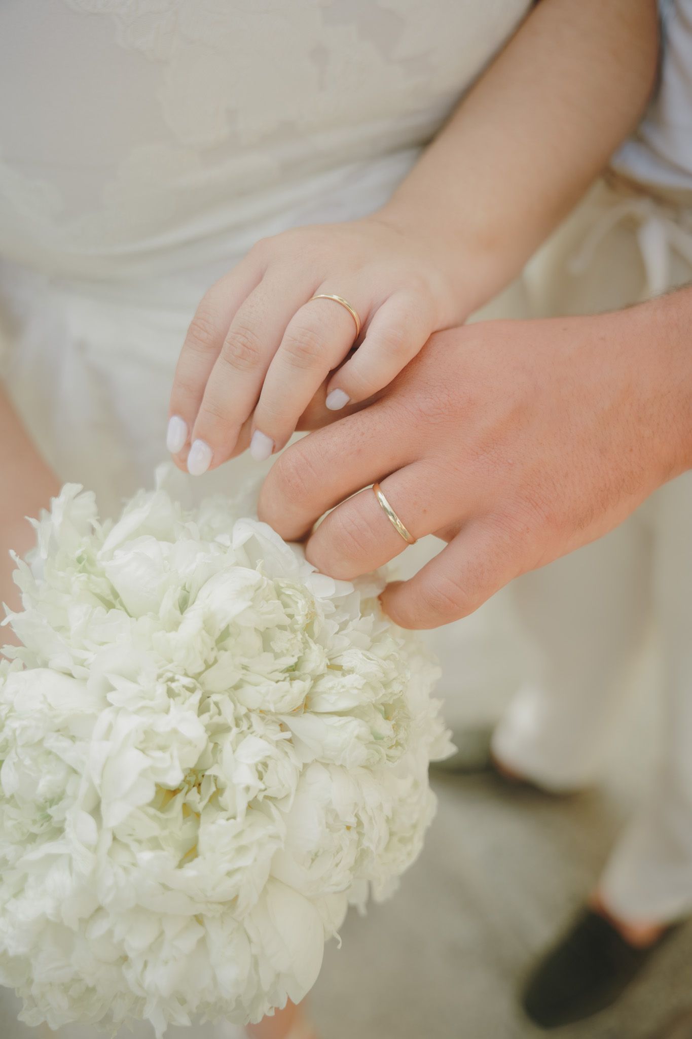 Close-up of hands holding delicate white flowers against a light background.