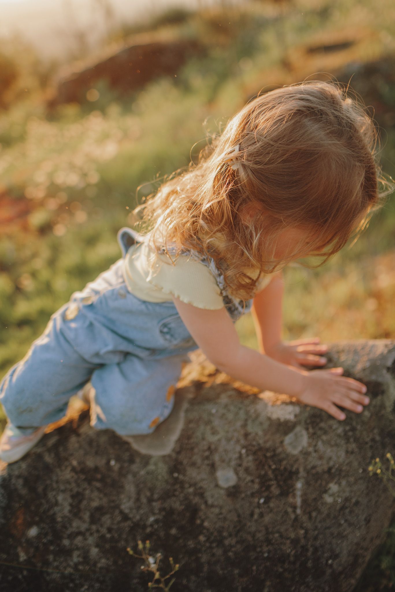 Exploring a stone wall in denim overalls during a warm sunset.