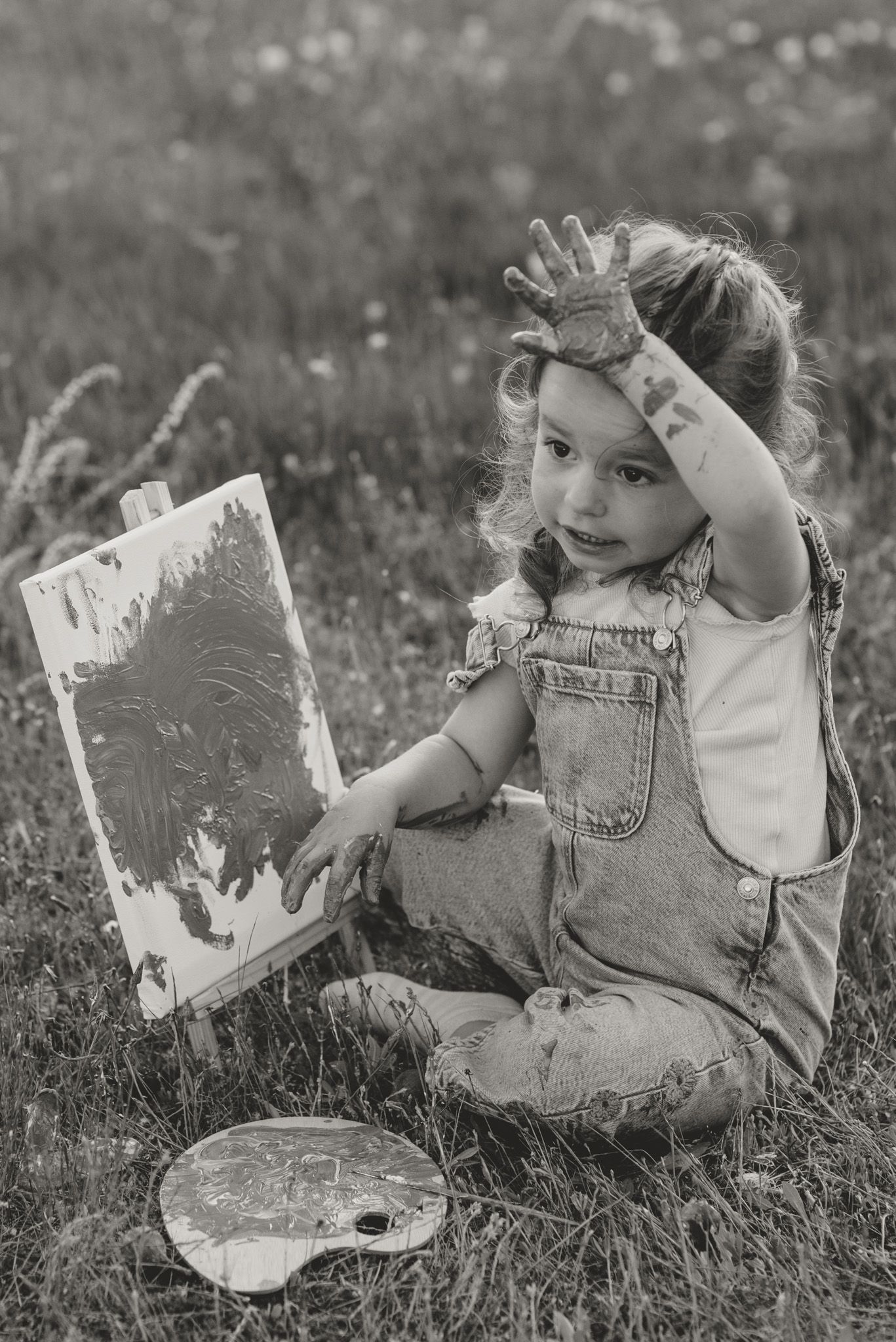 Black and white portrait of a young painter showing paint-covered hands while creating art outdoors.