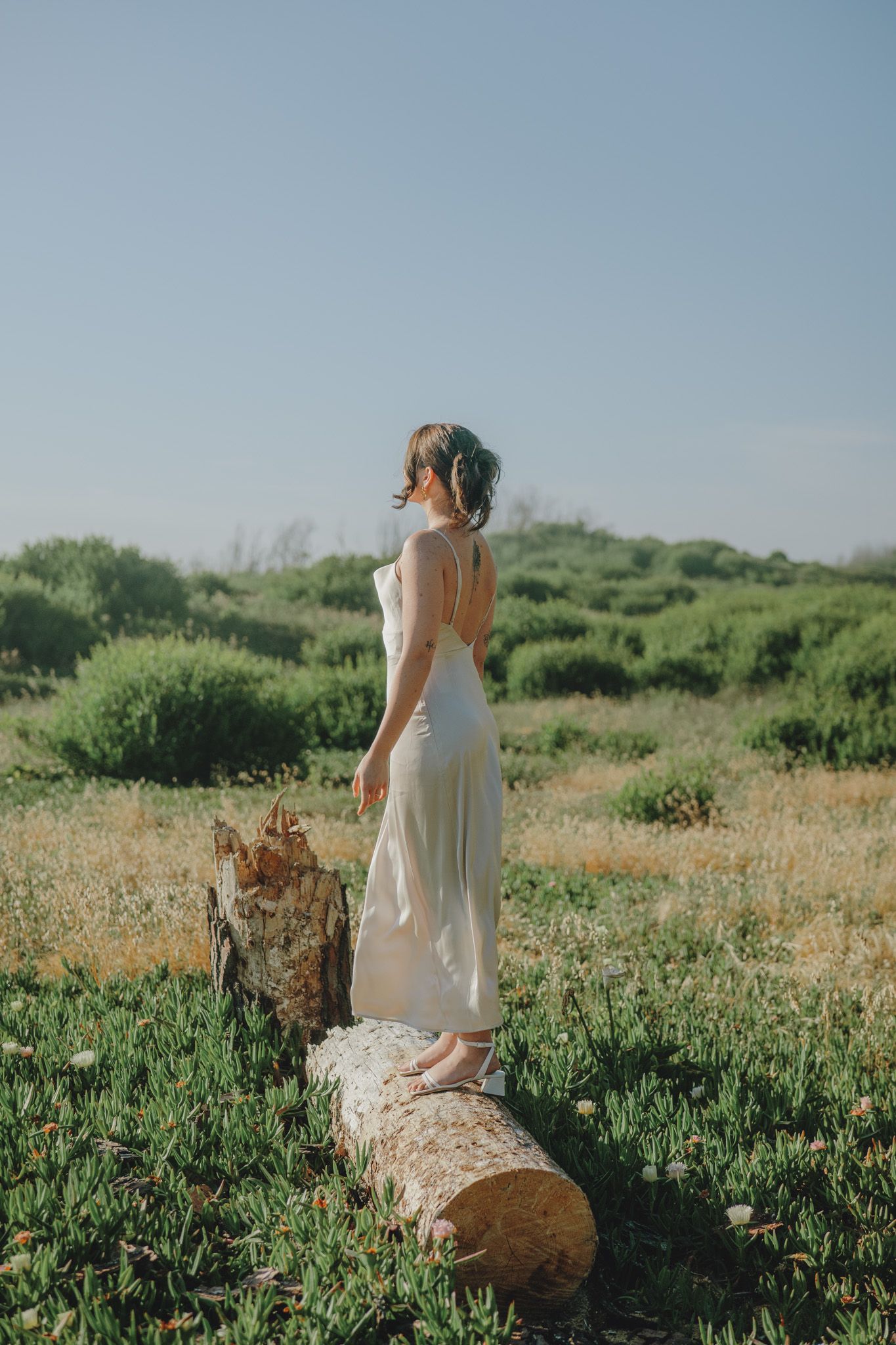 Bride in flowing dress stands on fallen log in sunlit meadow.