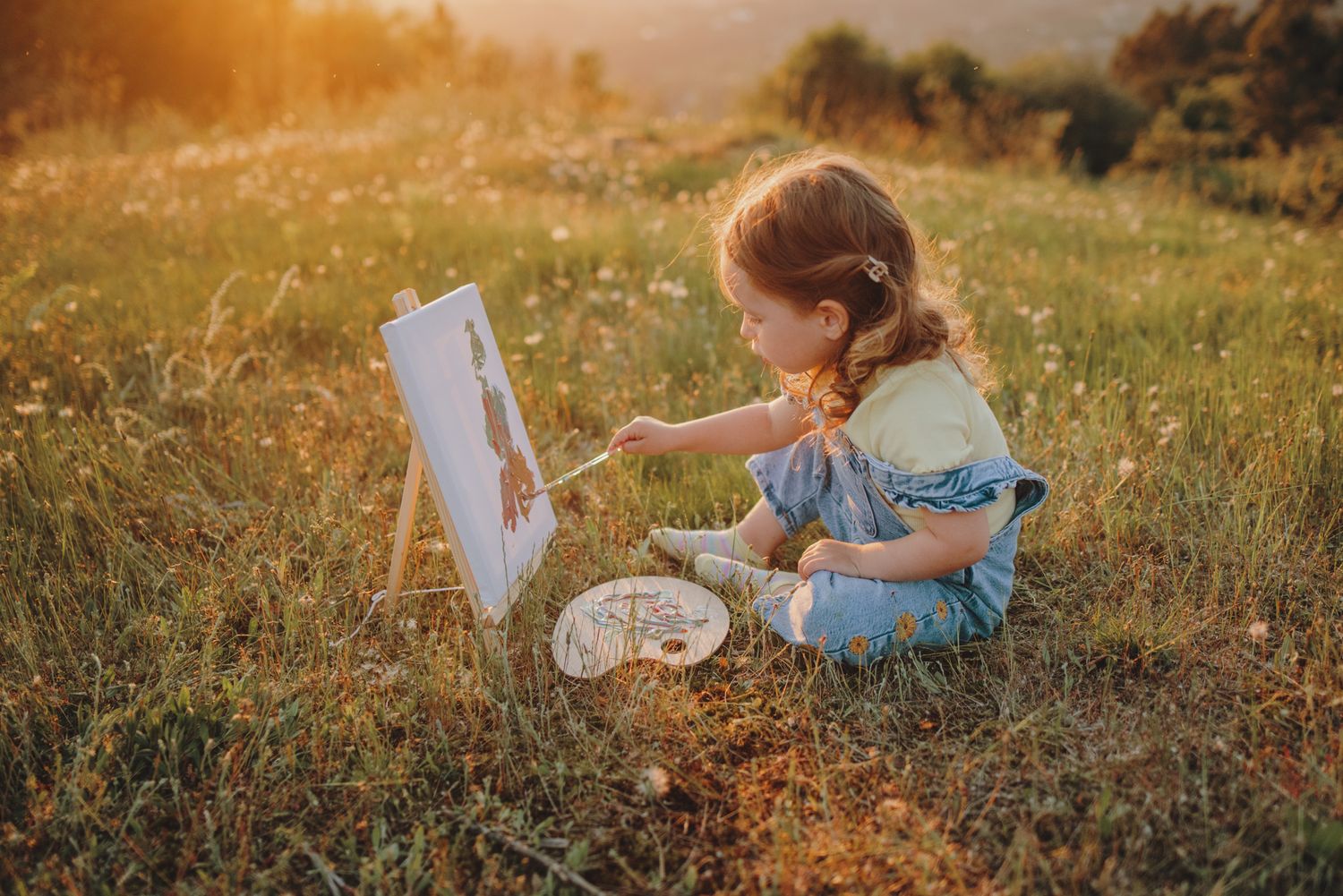 An artist palette rests on grass in warm evening sunlight.