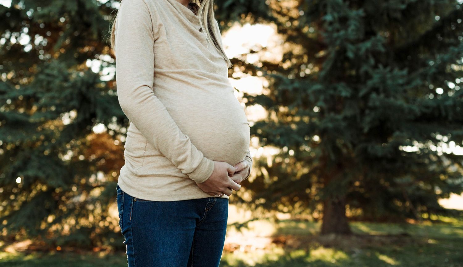 Side view of pregnant belly silhouetted against evergreen trees at golden hour.