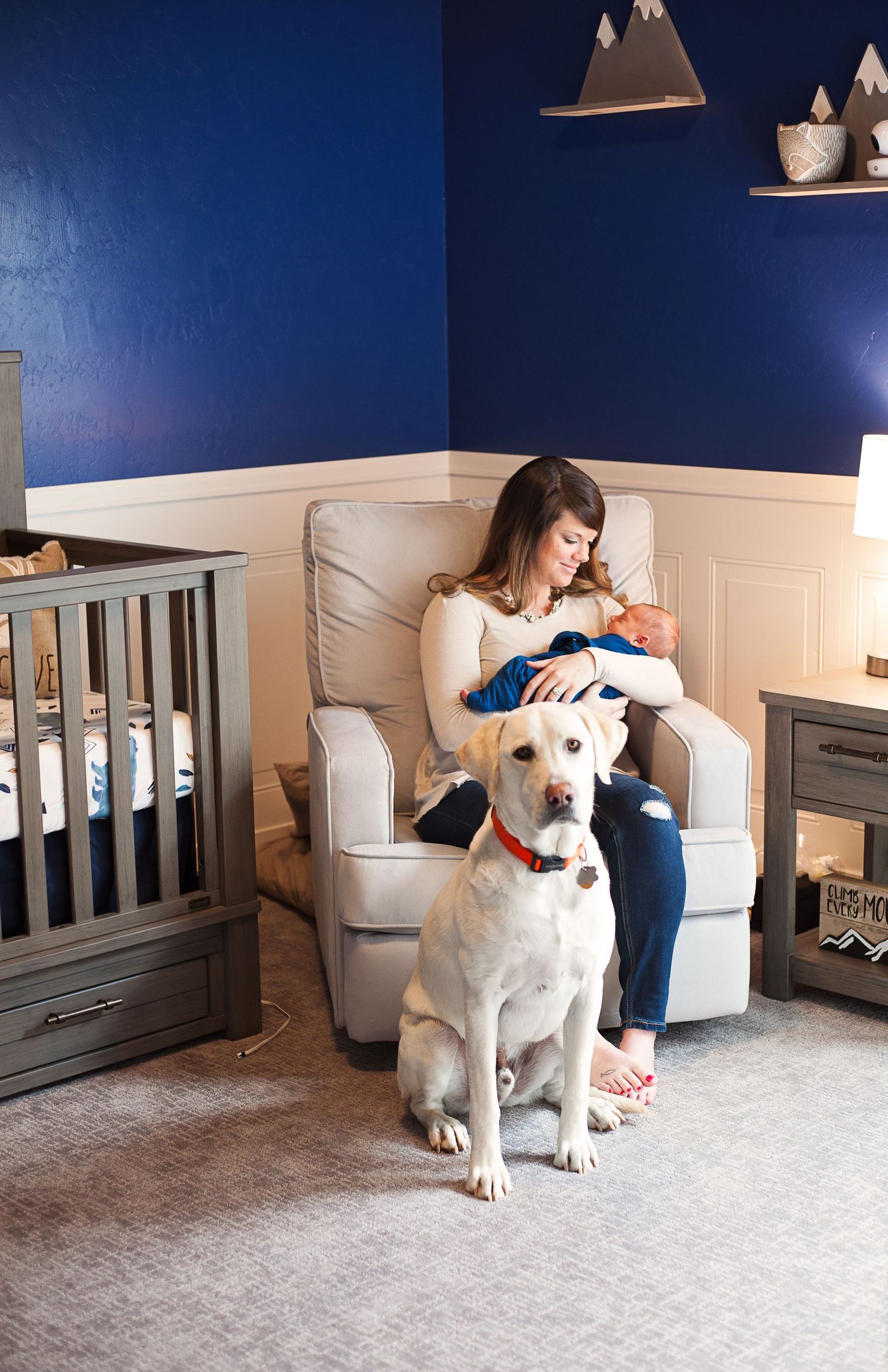 A blonde Labrador sits attentively by a nursery chair with blue walls and wainscoting.