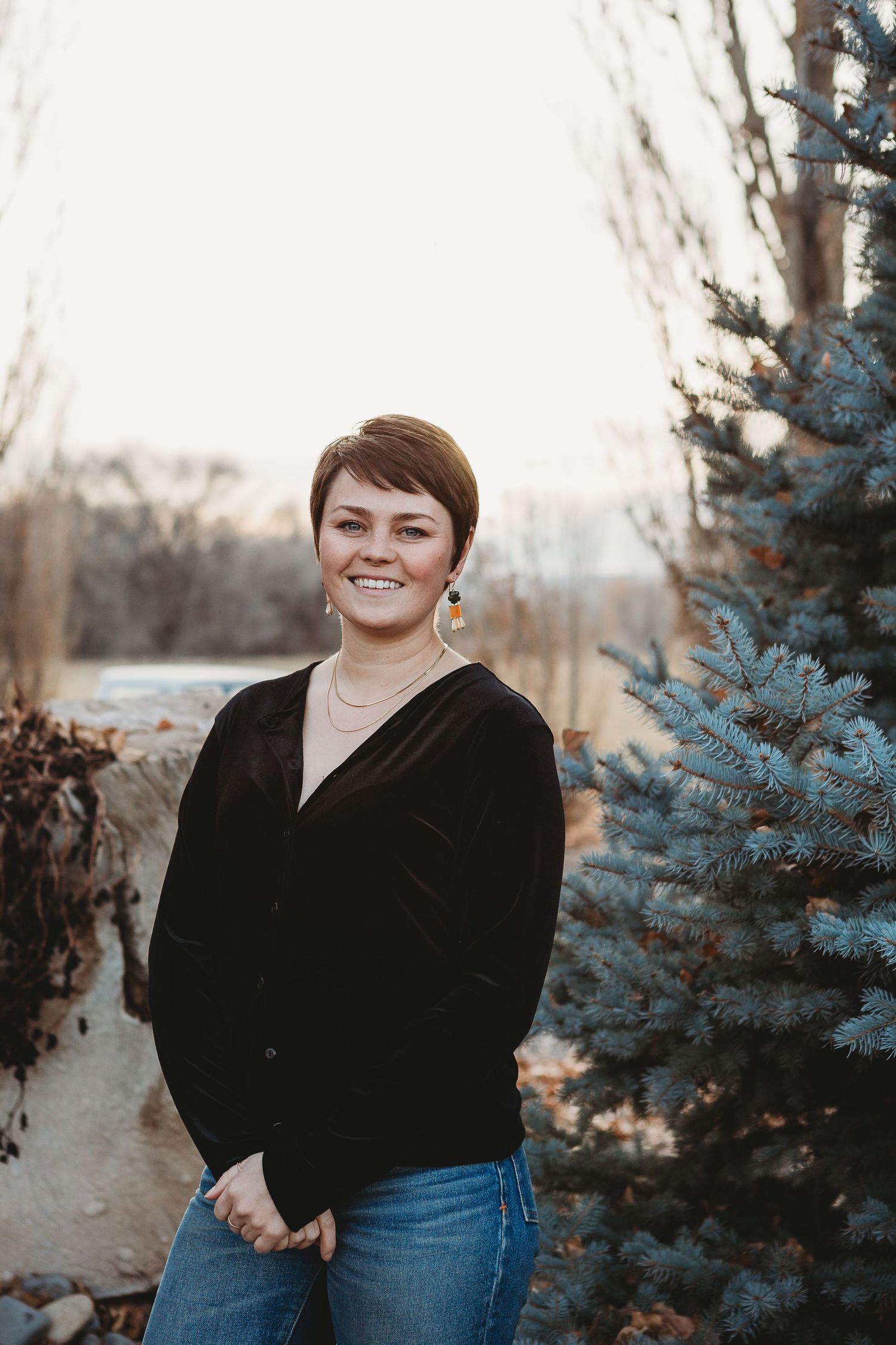 Portrait featuring winter evergreen trees and natural lighting at dusk.