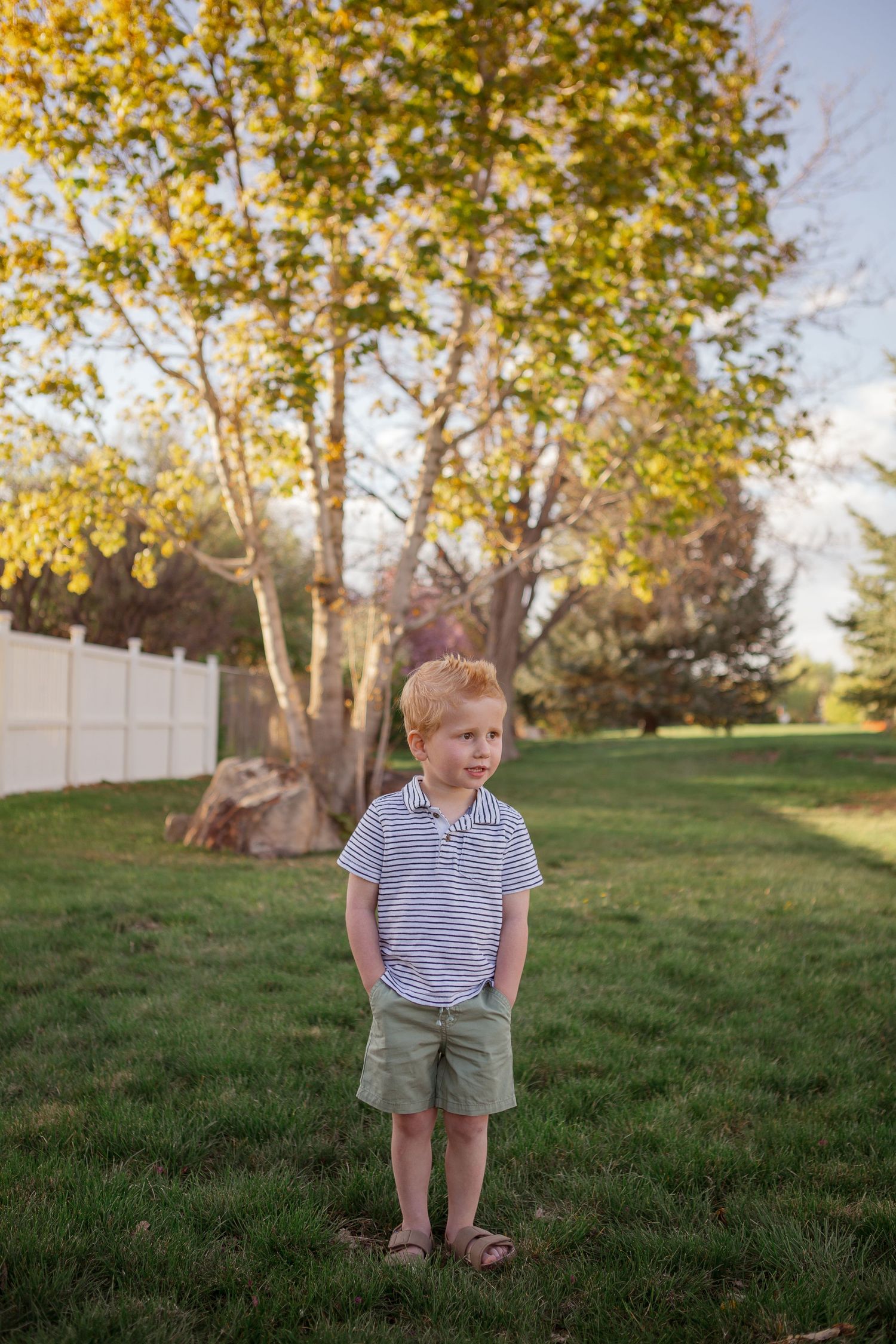 Child in striped shirt and khaki shorts standing in backyard with white fence and autumn trees.