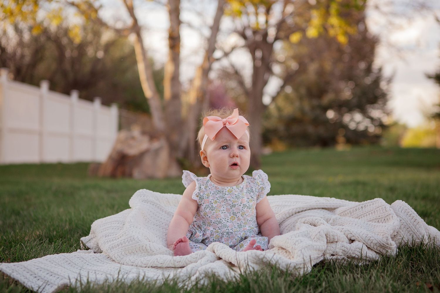 Baby in ruffled dress sitting on blanket in backyard with fence and trees.