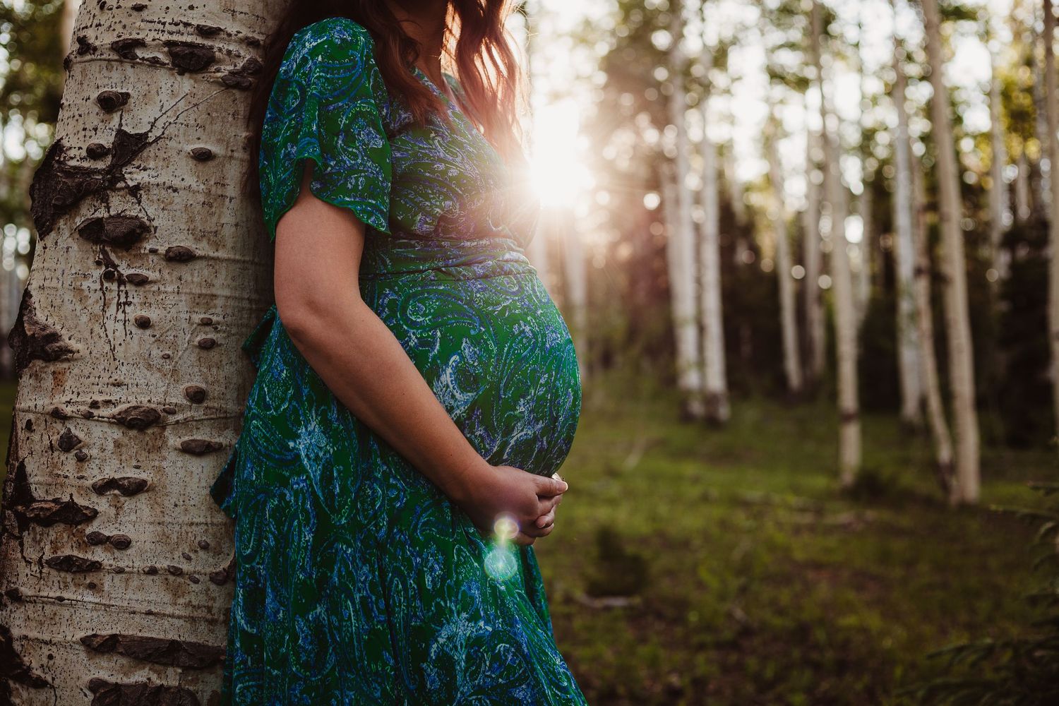 A silhouetted maternity photo in a birch forest at sunset with a woman in a teal dress.