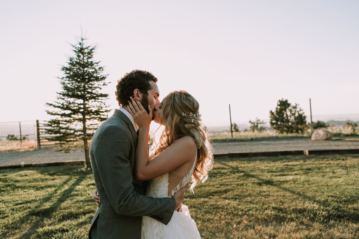 Romantic outdoor wedding photograph with evergreen tree and mountain backdrop.