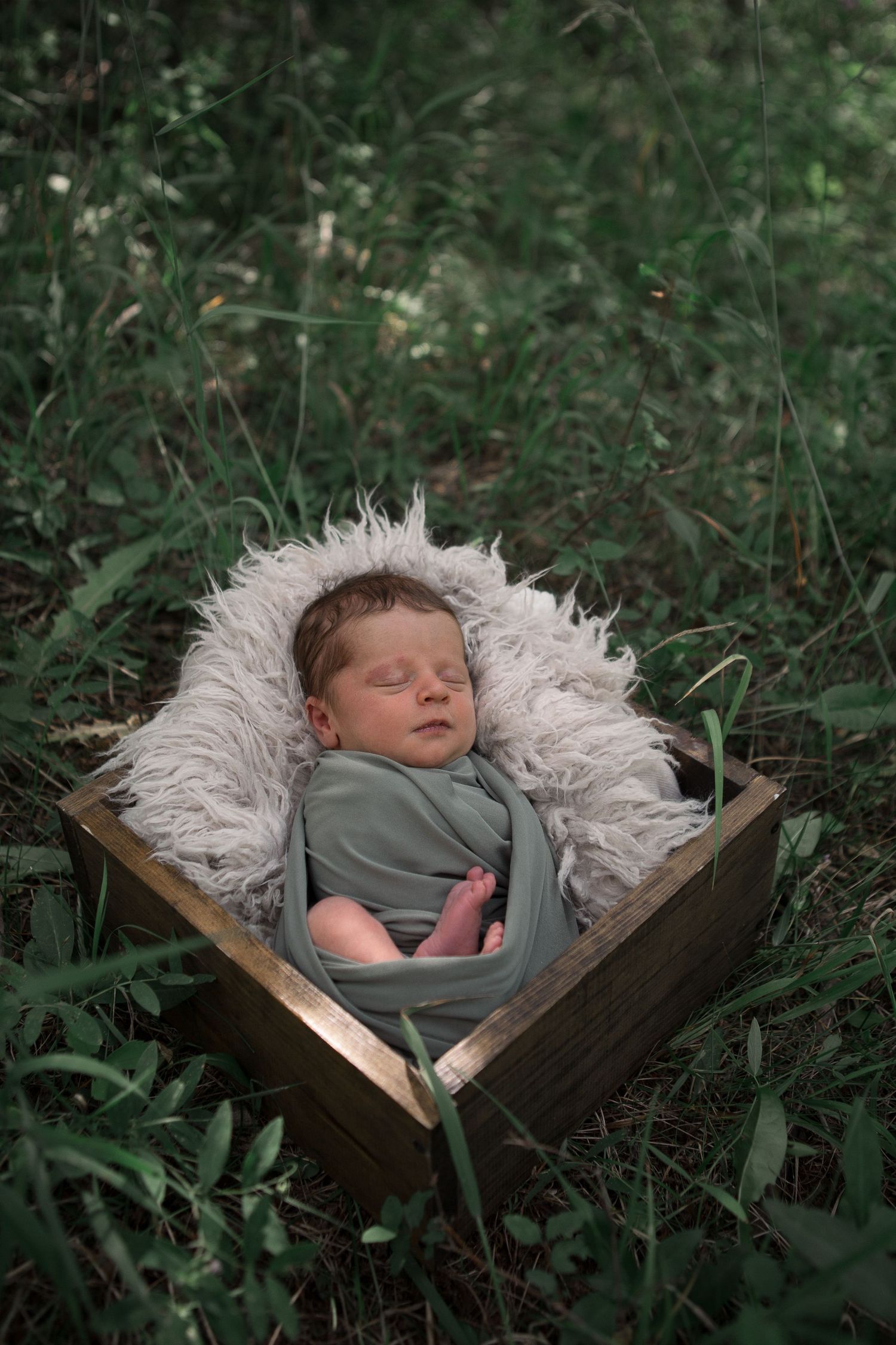 Sleeping newborn swaddled in sage green fabric rests peacefully on fluffy white fur in rustic wooden box outdoors.