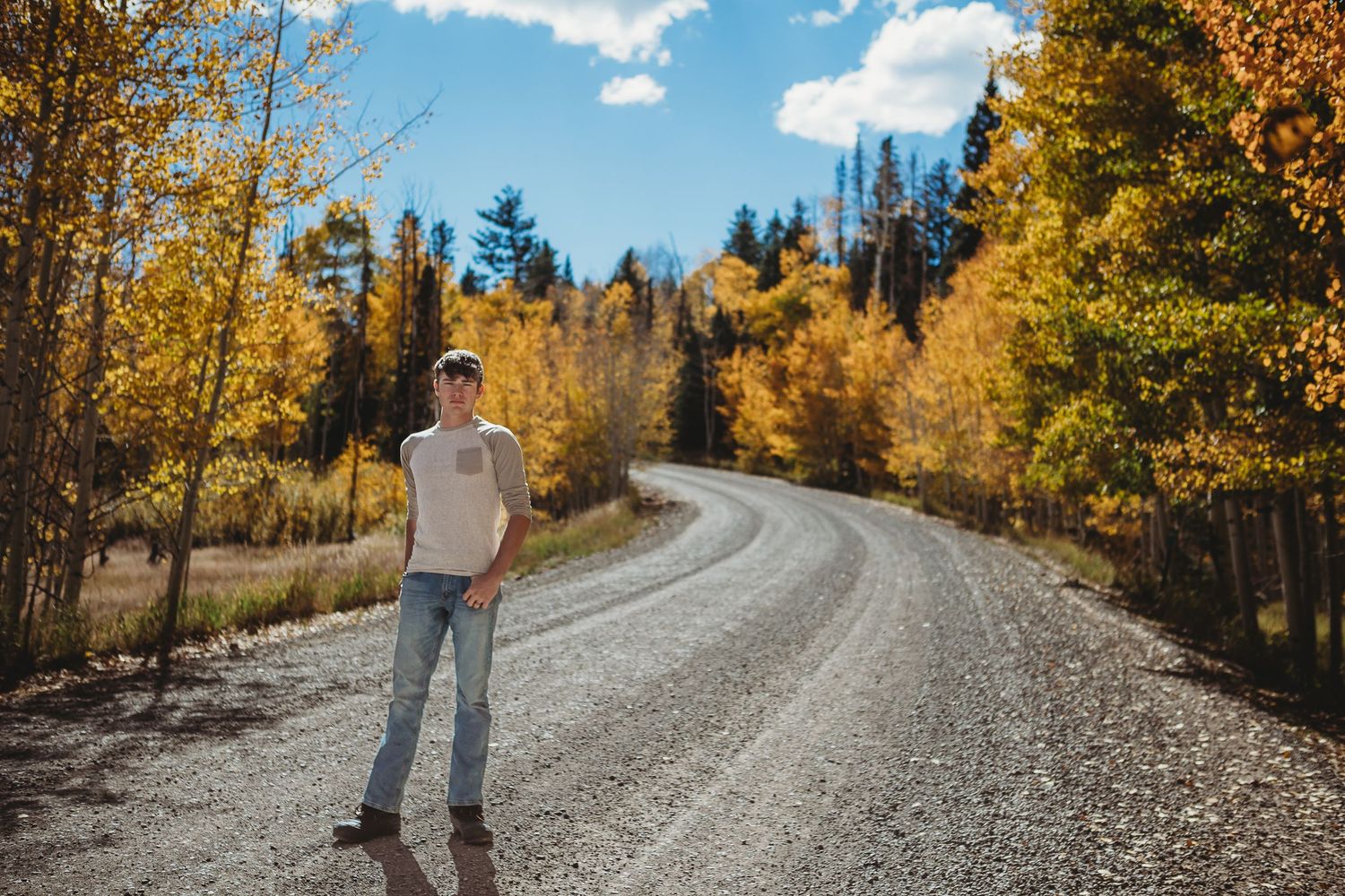 A lone figure stands on a winding mountain road surrounded by yellow fall foliage.