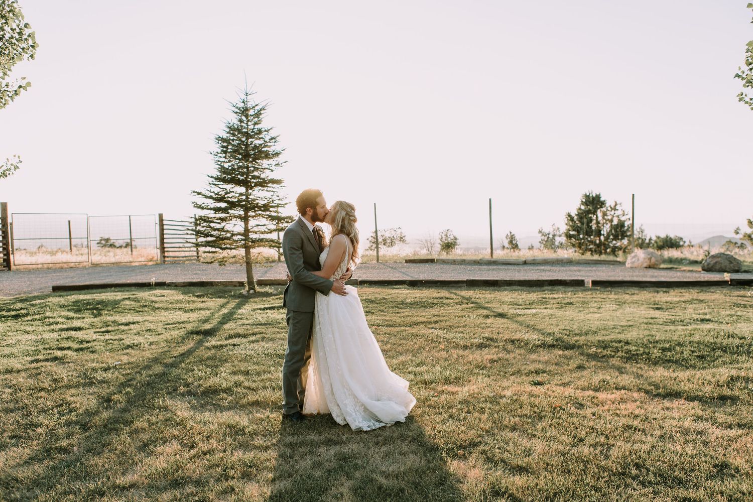 Couple shares intimate moment at sunset on grassy field with evergreen trees in background.