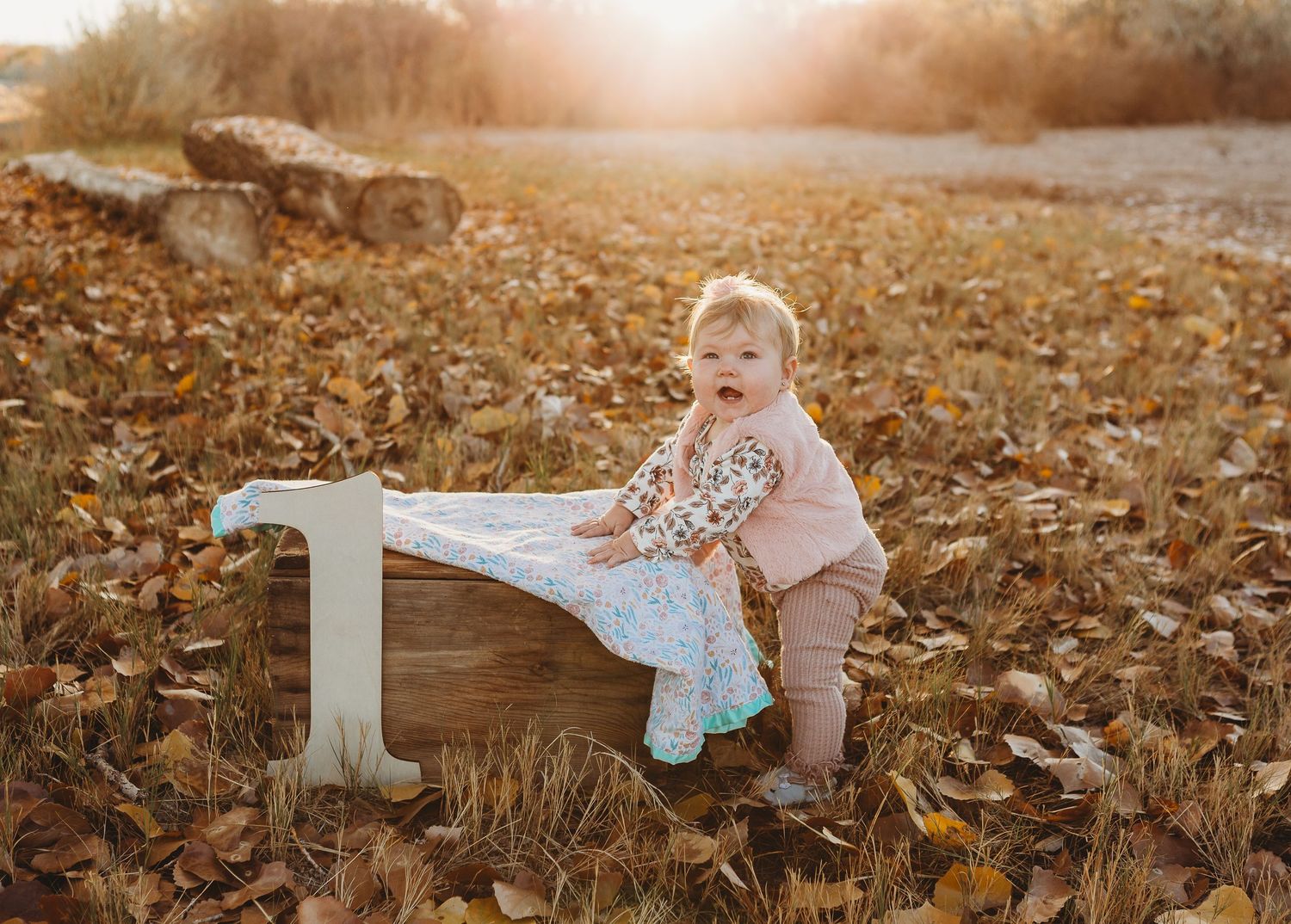 A small celebratory scene with a number one prop and blanket among fallen autumn leaves at sunset.