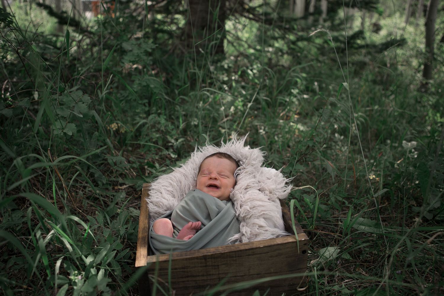 Peaceful baby swaddled in sage cloth sleeps on white fur in wooden box amid lush greenery.