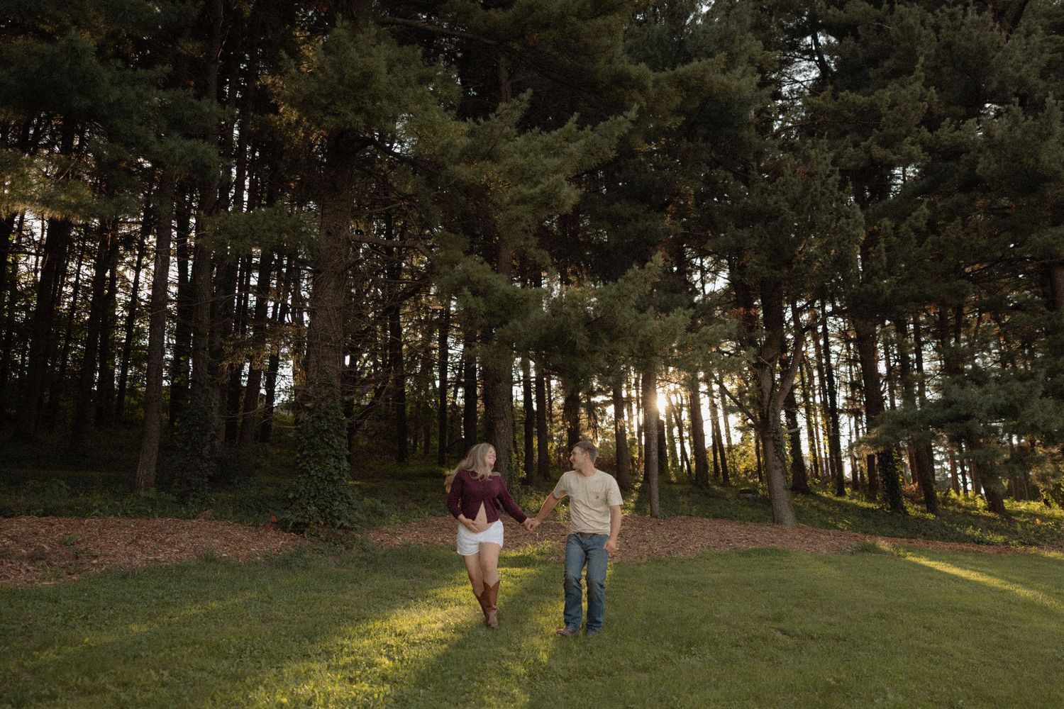 Couple holding hands and walking through a sunlit forest clearing surrounded by tall pine trees.