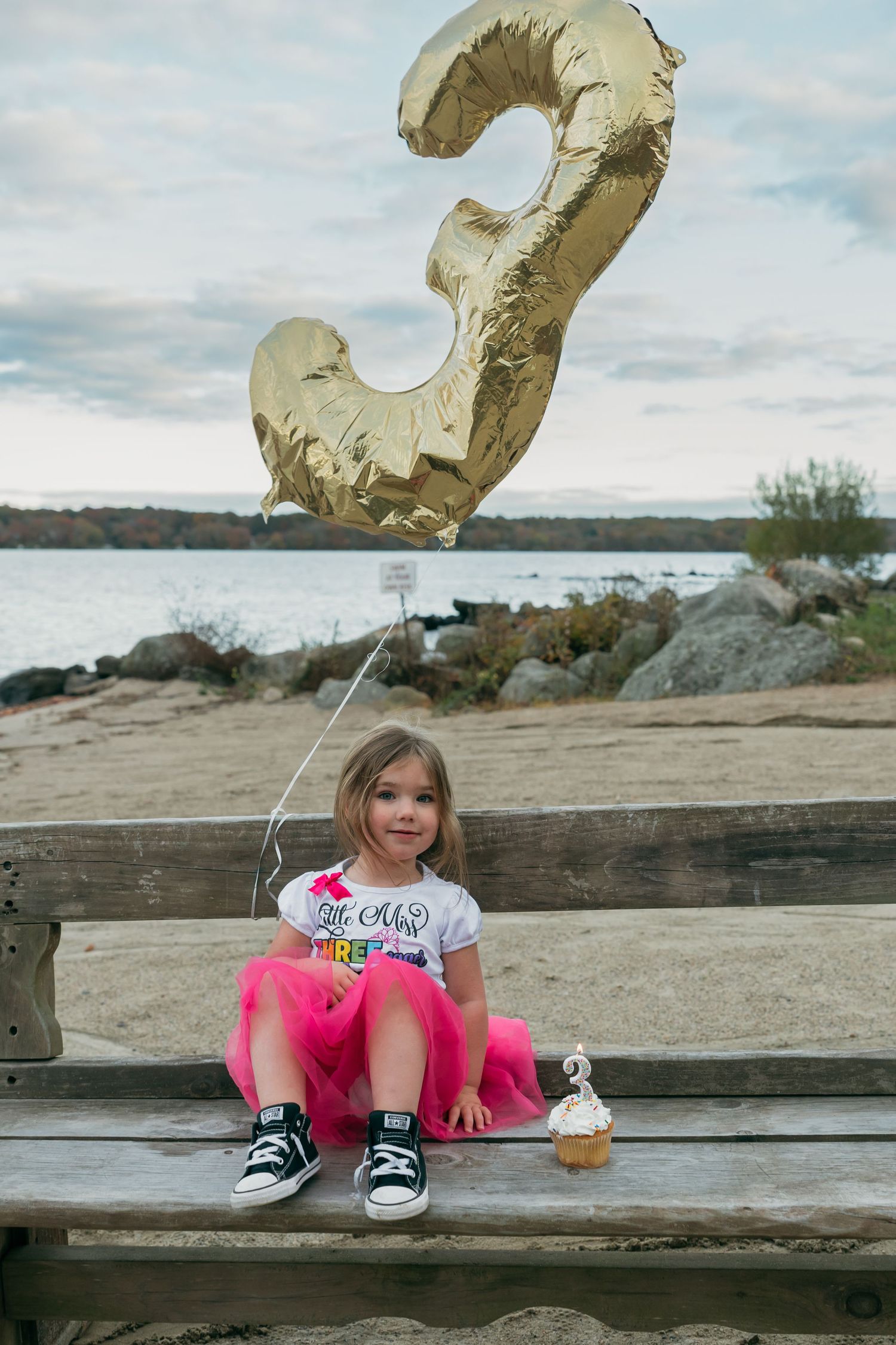 Child in pink tutu sitting on wooden bench by waterfront with gold balloon.
