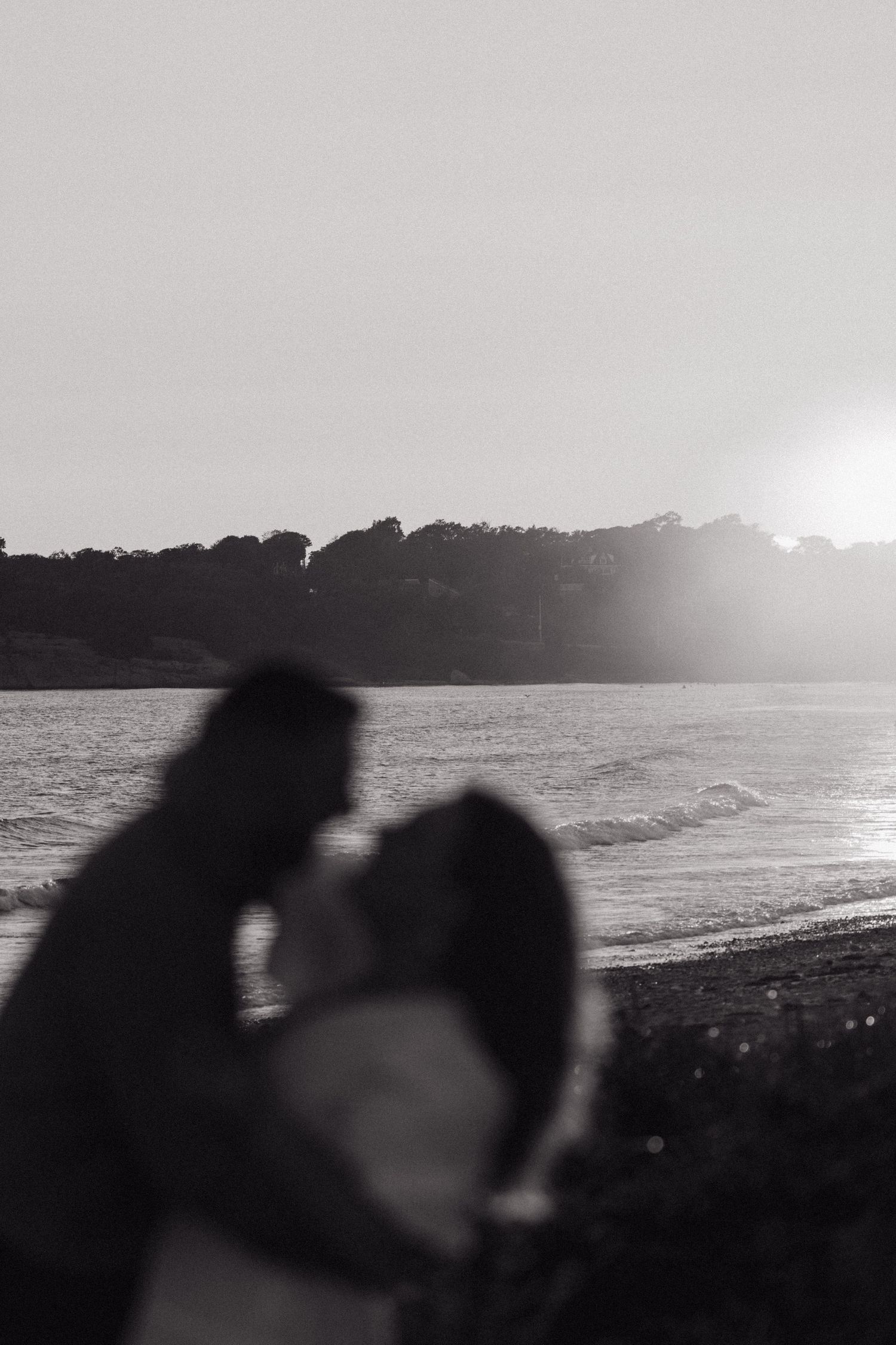 A silhouetted couple against a sunset beach landscape.