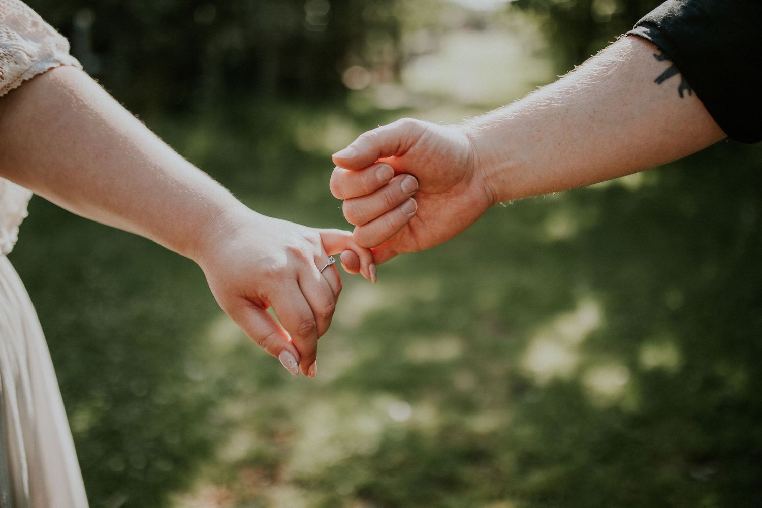 Close-up of couple holding hands showing wedding rings in garden setting.